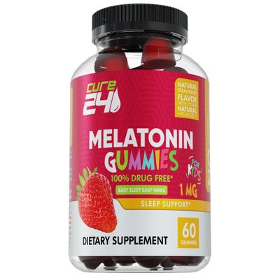 Cure24 Kids Melatonin Gummy, Effective 1MG Sleep Gummies Supplement for Children 3, Drug-Free, Natural Fruity Strawberry Flavor, Made in USA