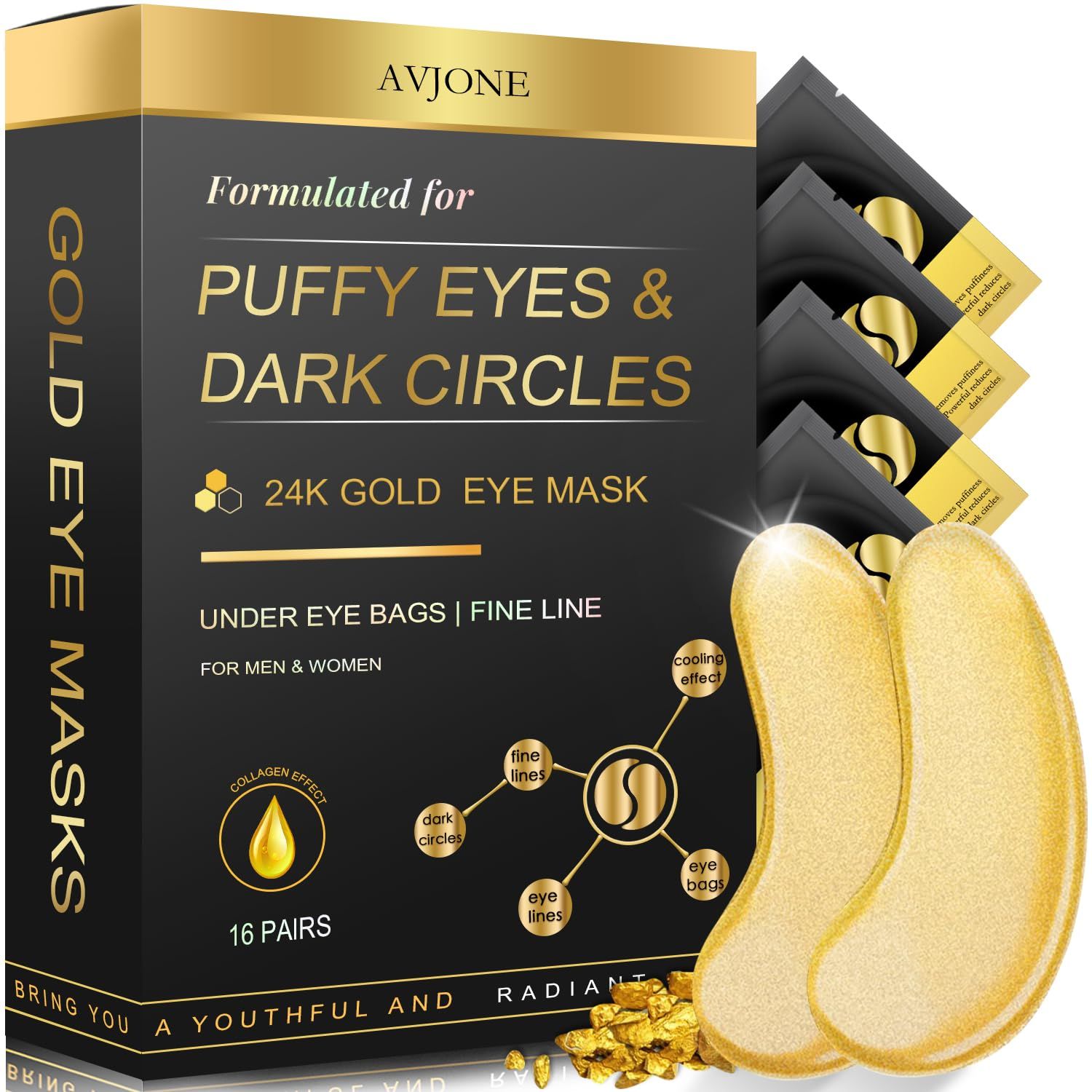 AVJONE 24K Gold Under Eye Patches (16 Pairs), Collagen eye masks for dark circles and puffiness, eye patches for women puffy eyes, Revitalises and Refreshes Your Skin
