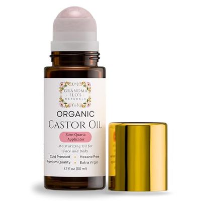Grandma Flo&#39;s Naturals Organic Castor Oil with Rose Quartz Roll On For Face and Body - Glass Bottle, Cold Pressed, Hexane Free, Unrefined - Stimulate Hair Growth, Moisturize Skin