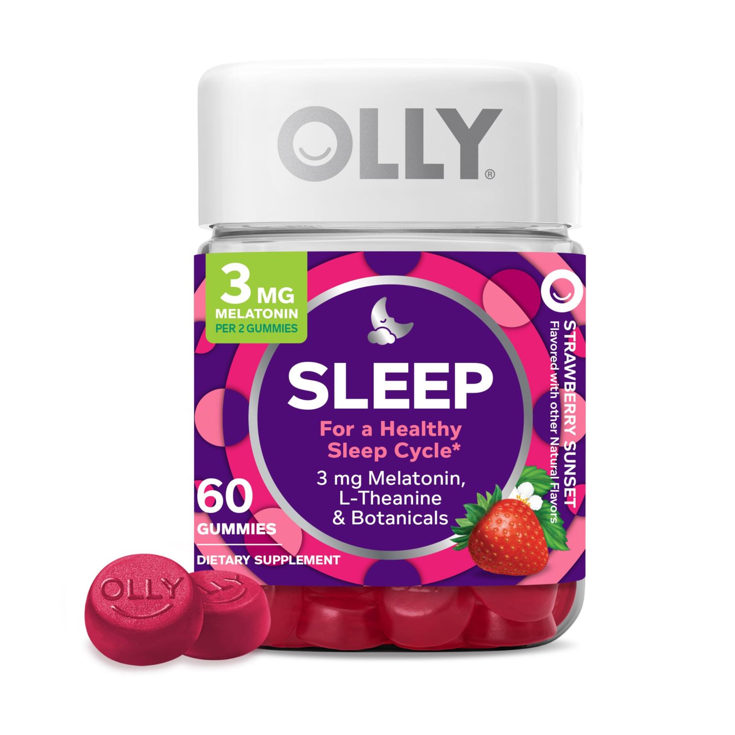 OLLY Sleep Gummy, 3 mg Melatonin, L-Theanine, Chamomile, Lemon Balm, Sleep Aid, Strawberry, 60 Count