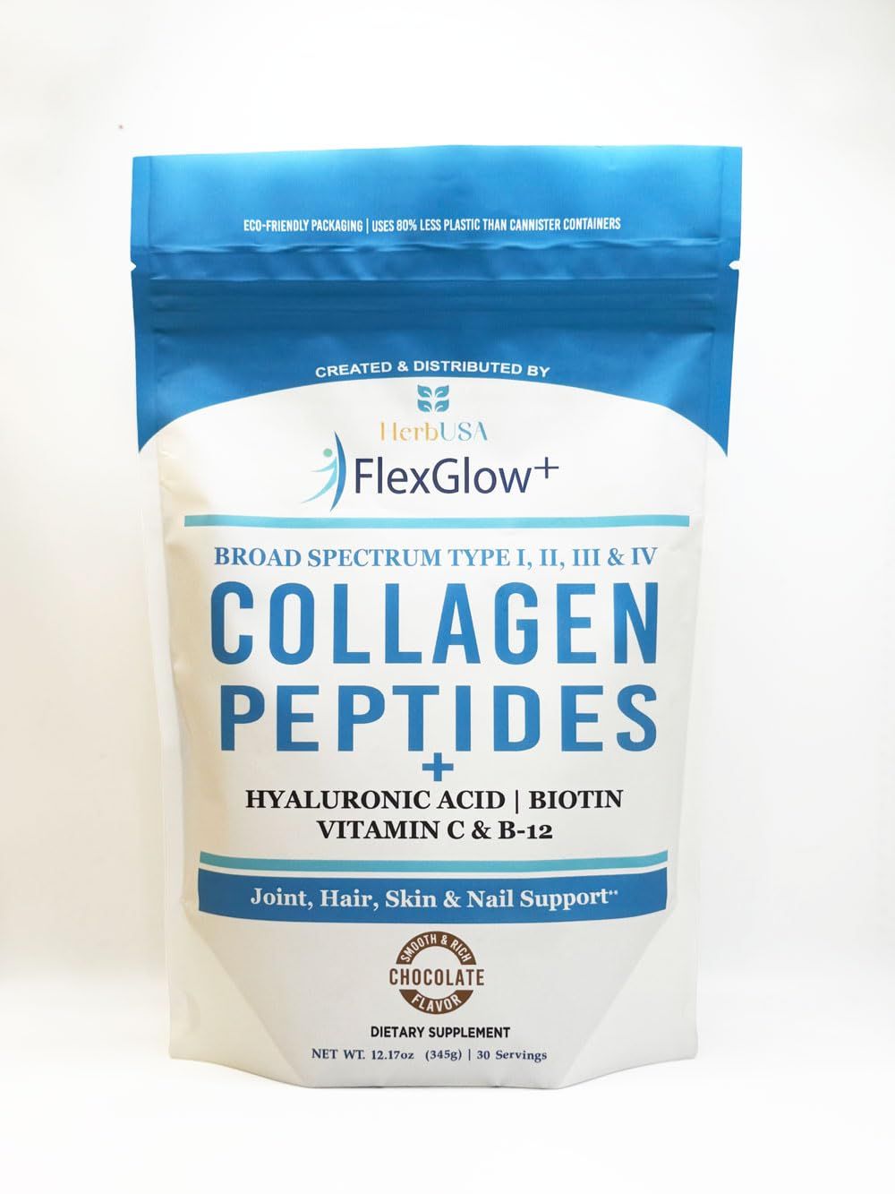 HerbUSA FlexGlow Collagen Peptides - Broad Spectrum (I, II, III, IV) - 6,900mg - Hyaluronic Acid, Biotin Vitamin C - Chocolate - Hair, Skin Joint Support - 30 Servings (12.17oz)