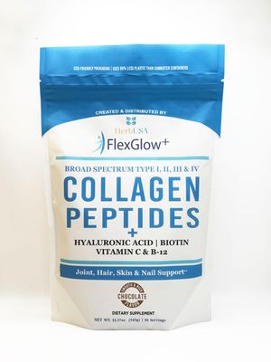HerbUSA FlexGlow Collagen Peptides - Broad Spectrum (I, II, III, IV) - 6,900mg - Hyaluronic Acid, Biotin Vitamin C - Chocolate - Hair, Skin Joint Support - 30 Servings (12.17oz)