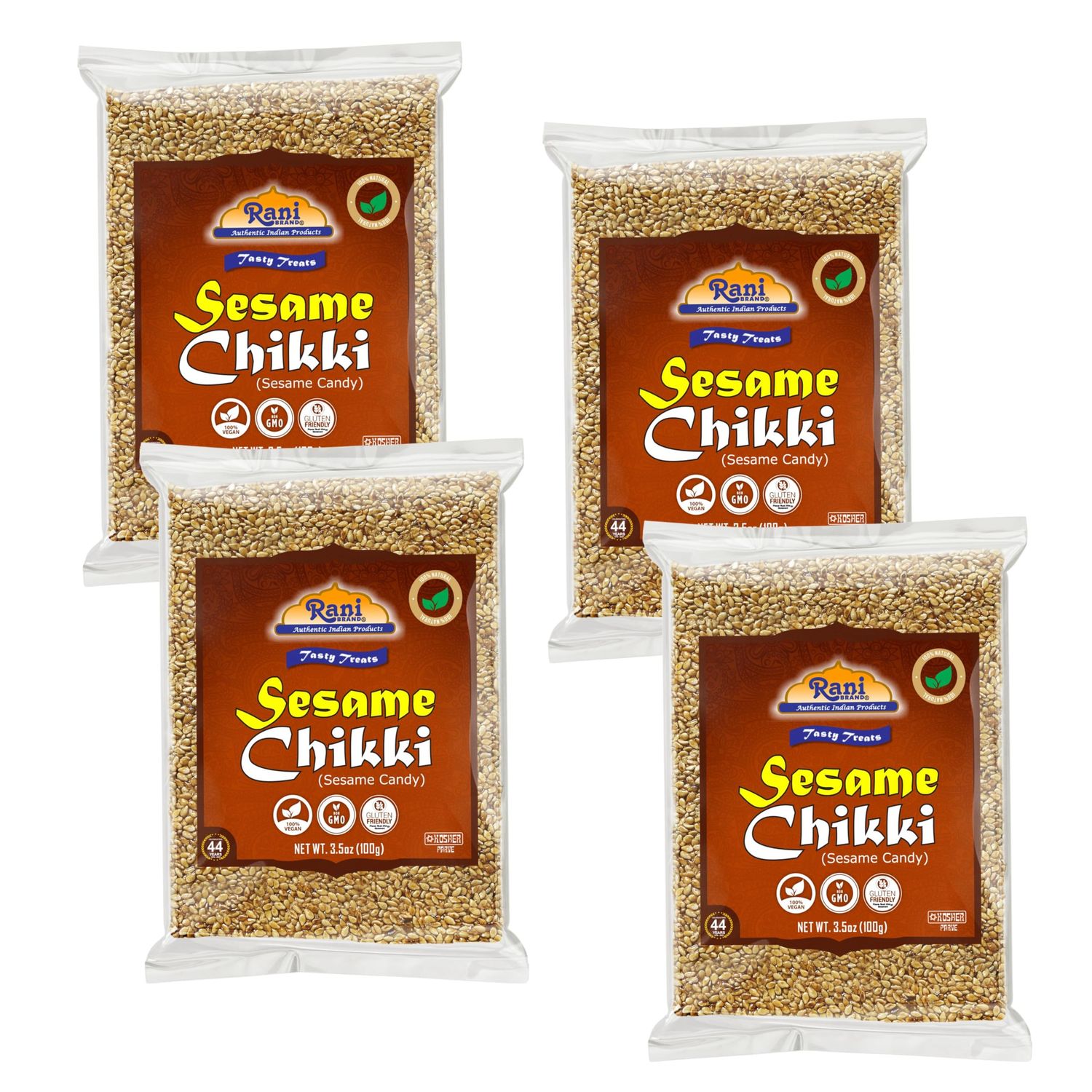Rani Sesame Chikki (Brittle Candy) 3.5oz (100g) x Pack of 4 All Natural Vegan No colors Gluten Friendly Kosher Indian Origin