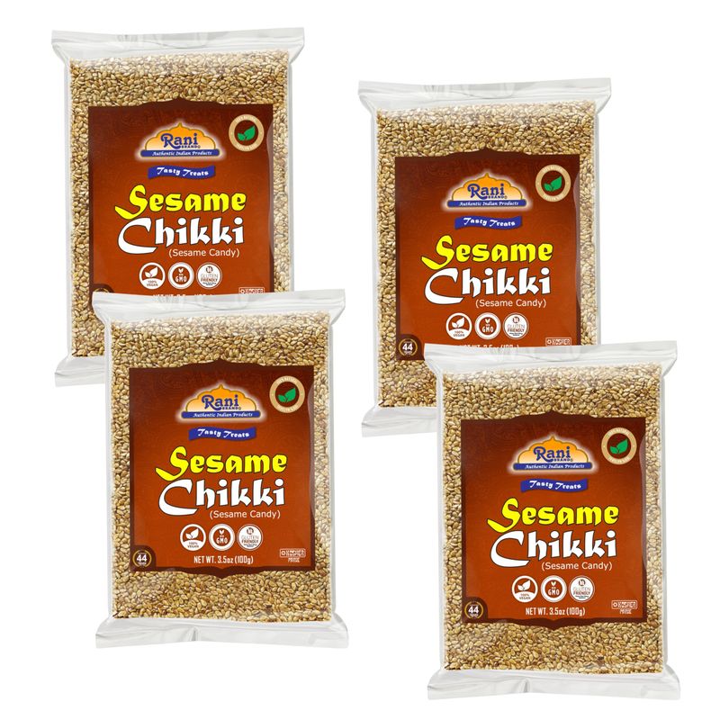 Rani Sesame Chikki (Brittle Candy) 3.5oz (100g) x Pack of 4 All Natural Vegan No colors Gluten Friendly Kosher Indian Origin
