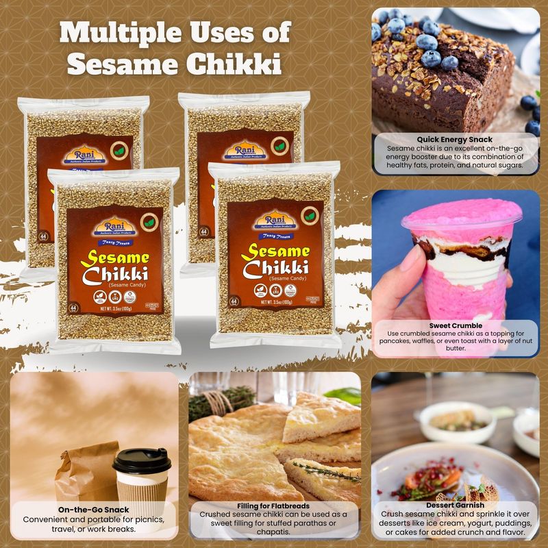 Rani Sesame Chikki (Brittle Candy) 3.5oz (100g) x Pack of 4 All Natural Vegan No colors Gluten Friendly Kosher Indian Origin