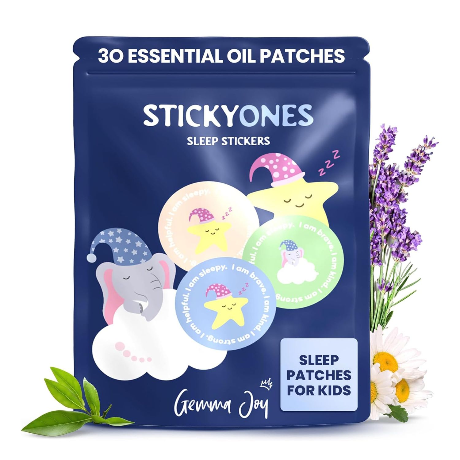 Gemma Joy StickyOnes Sleep Patches for Kids - No Melatonin Sleep Aid Bedtime Patches for Kids with All Natural Sandalwood, Chamomile Lavender Essential Oil -Sticks to Clothes All Night (30 Stickers)