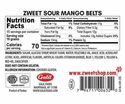 Zweet Sour Mango Candy Belts 10 Ounce - Sour Kosher Candy, Halal Candy Belts - Resealable Pack of Sour Licorice Belts (Pack of 3)