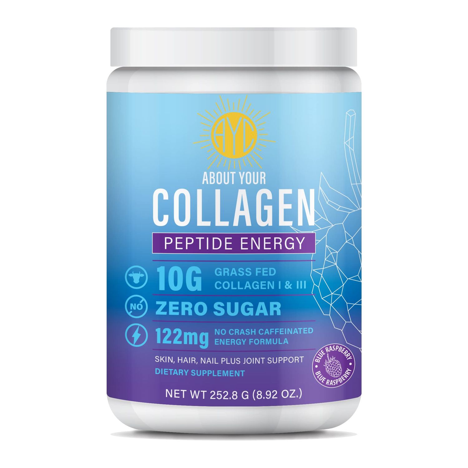 ABOUT YOUR COLLAGEN Peptide Energy Collagen Powder Hair, Nail, Skin, Type I III,Caffeine for Energy, Vitamin C, Biotin, Hyaluronic Acid, Zero Sugar - 8.92 oz (Blue Raspberry)