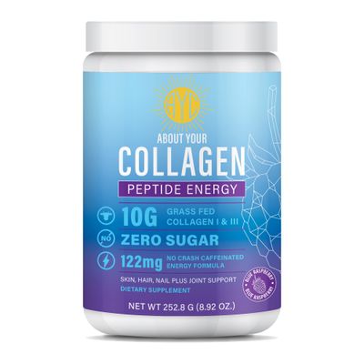 ABOUT YOUR COLLAGEN Peptide Energy Collagen Powder Hair, Nail, Skin, Type I III,Caffeine for Energy, Vitamin C, Biotin, Hyaluronic Acid, Zero Sugar - 8.92 oz (Blue Raspberry)