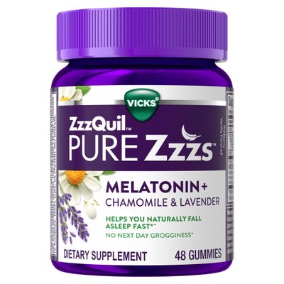 ZzzQuil Pure Zzzs Melatonin Gummies, Sleep Aid, Melatonin 2mg, with Chamomile Lavender, Melatonin Sleep Gummies, Sleep Aids for Adults, Wildberry Vanilla Flavored, 48 Sleep Gummies