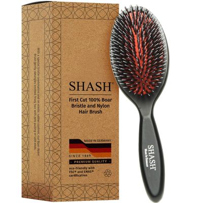 Since 1869 Hand Made In Germany - Nylon and 100 First Cut Boar Bristle Brush Suitable For Normal to Thick Hair - Gently Detangles, No Pulling or Split Ends - Softens Improves Texture, (Medium)