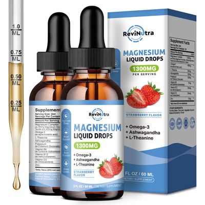 2 Pack Liquid Magnesium Glycinate Drops with Taurate Citrate, Calm Magnesium with Omega3, L-Theanine, Potassium, Ashwagandha, Vitamin for Sleep, Muscle, Immune Health, Sugar-Free Strawberry Flavor