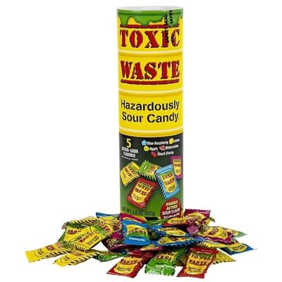 Toxic Waste Hazardously Sour Candy in Tube Bank - (Pack of 36) - Assorted Flavors Colors - Perfect for Holiday Parties, Stocking Stuffers Candy Buffets