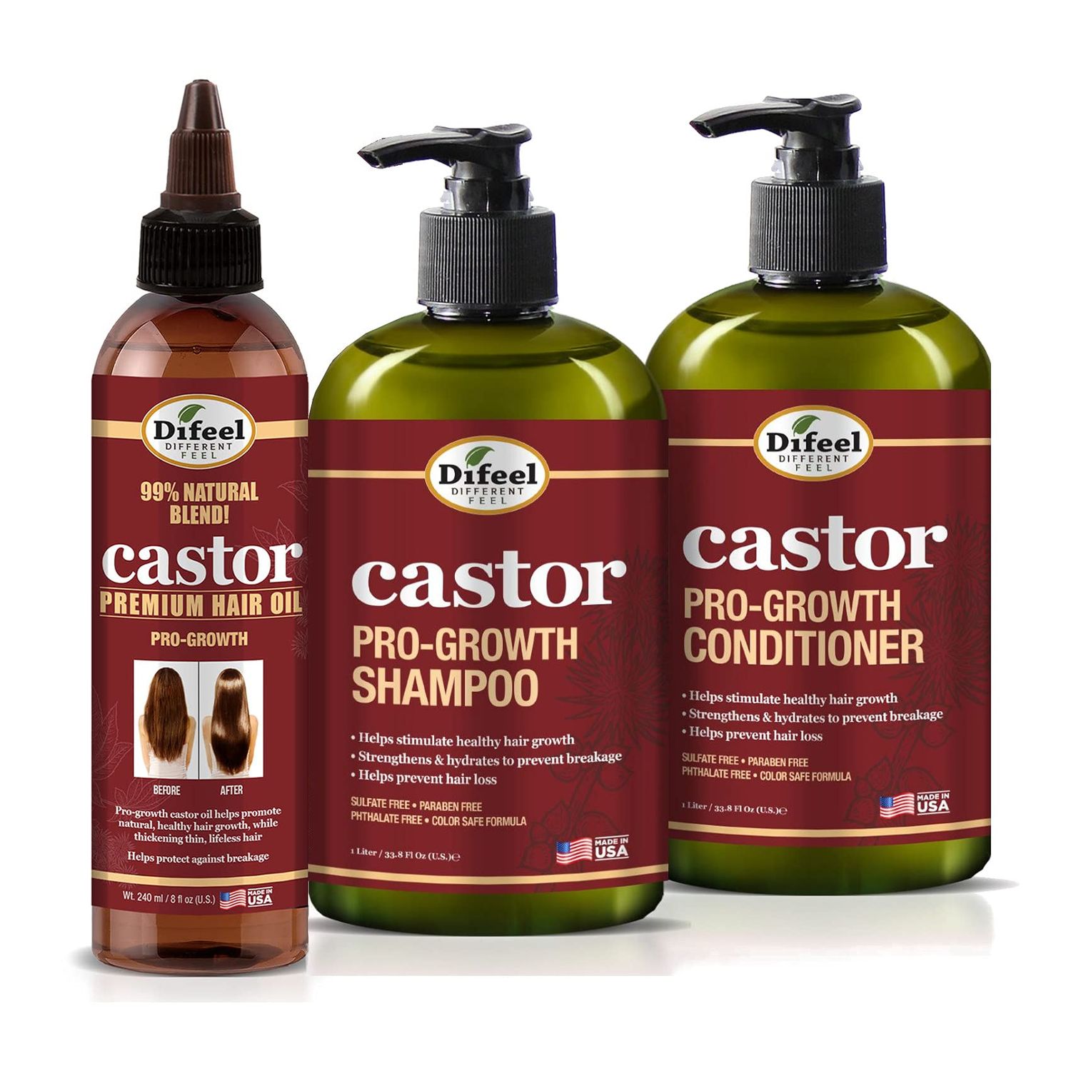 Difeel Pro-Growth Hair Care Set with Castor Oil - 3-PC Style: Shampoo Conditioner 12oz EACH, Hair Oil 8oz