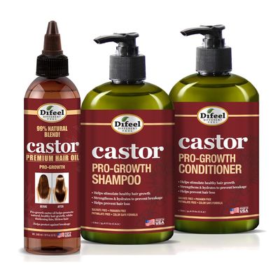 Difeel Pro-Growth Hair Care Set with Castor Oil - 3-PC Style: Shampoo Conditioner 12oz EACH, Hair Oil 8oz