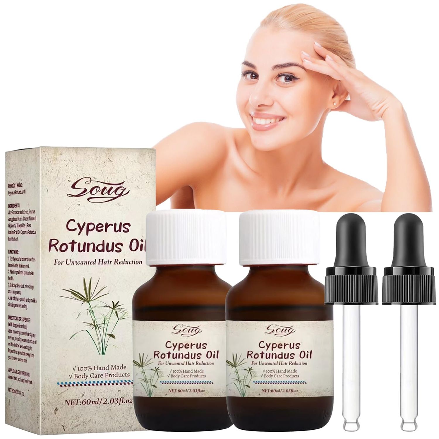 Cyperus Rotundus Oil for Hair Removal, 2 Pack Natural Cyperus Oil with Dropper Reducing Body Hair Growth Gifts for Women