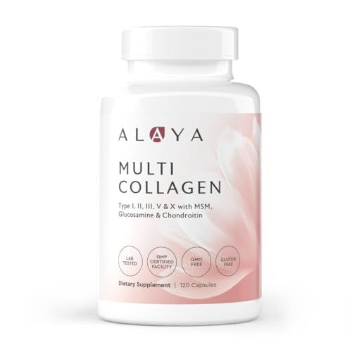 Alaya Naturals Hydrolyzed Multi Collagen Peptides Protein Capsules - Type I, II, III, V, X Grass-Fed Bovine, Chicken, Marine Collagen Supplement with MSM GC (Capsules - 120 Count)