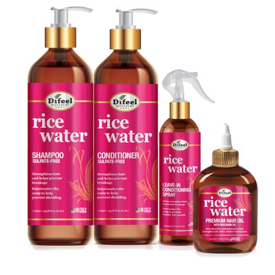 Difeel Rice Water Hair Care 4PC Shampoo Conditioner Deep Conditioning Set - Includes 33.8oz Shampoo, 33.8oz Conditioner, 8oz Leave in 7.1oz Hair Oil