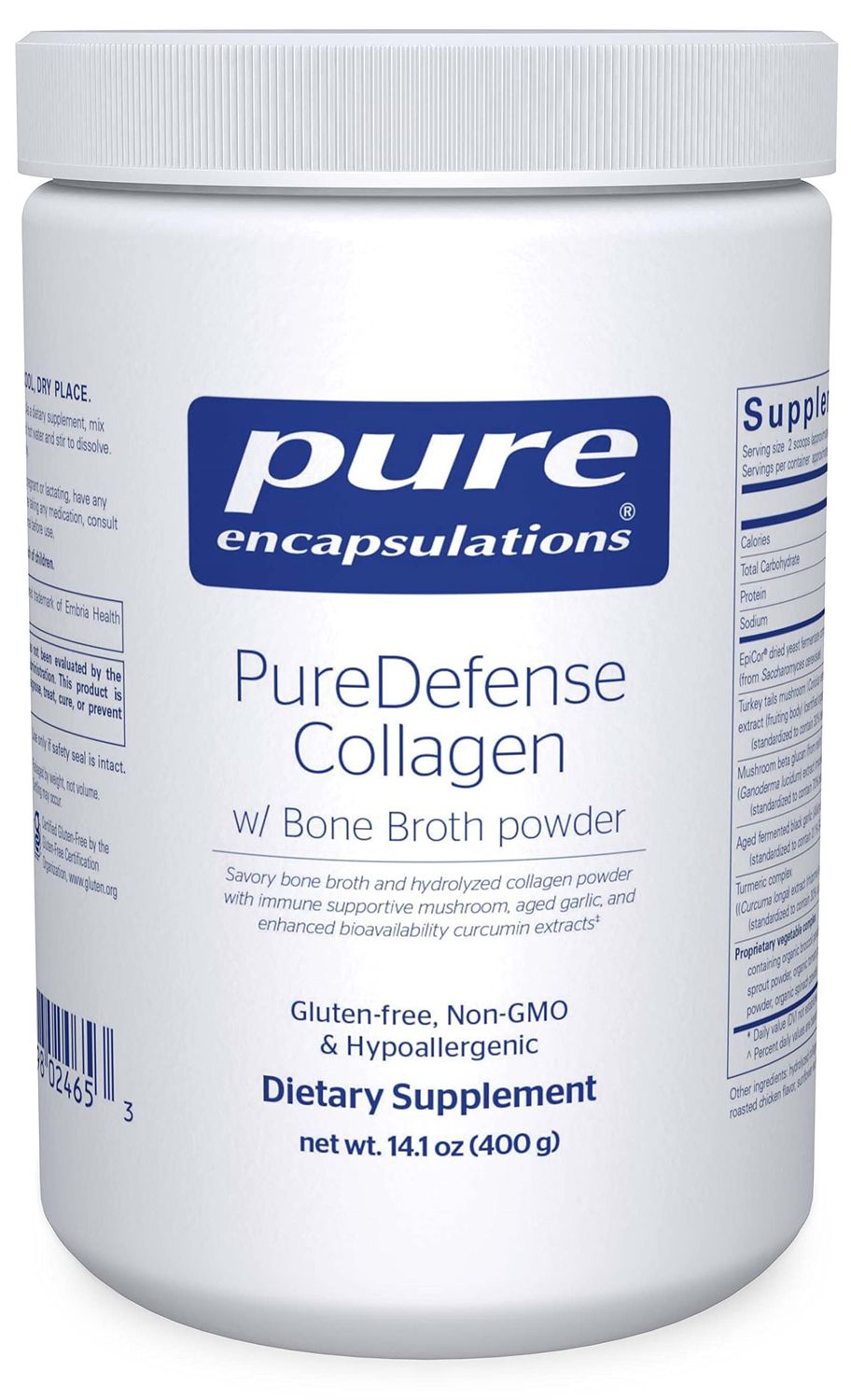Pure Encapsulations PureDefense Collagen wBone Broth Savory Bone Broth and Hydrolyzed Collagen Powder with Mushroom, Aged Garlic, and Enhanced Bioavailability Curcumin Extracts 14.1 Ounces