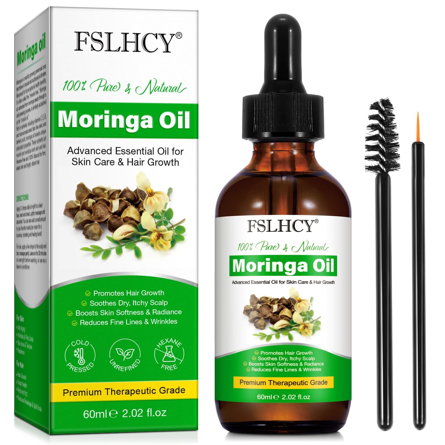 Moringa Oil Pure, Moringa Seed Oil for Face Hair Growth Moisturizer Massage Oil Natural Cold Pressed Reduces Fine Lines, Antioxidant Anti-ageing (60ML)
