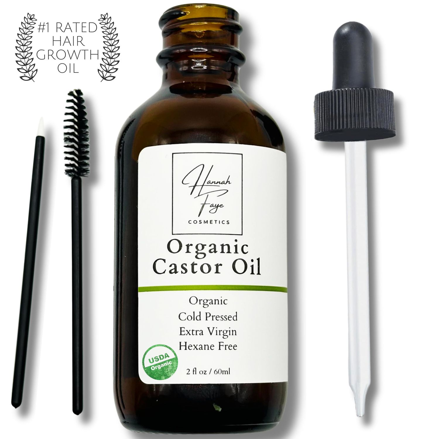 Hannah Faye Cosmetics Premium Castor Oil Glass Bottle USDA Certified Organic, 100 Pure, Cold Pressed, Hexane Free Stimulate Growth for Eyelashes, Eyebrows, Hair. Skin Moisturizer Hair Treatment
