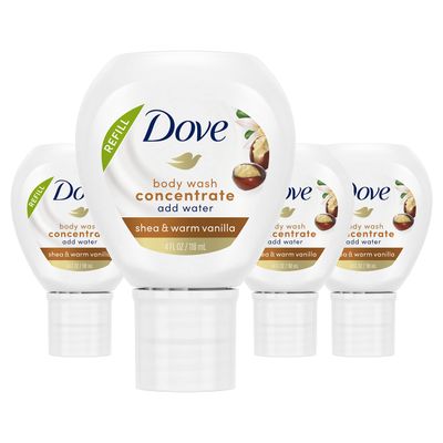 Dove Body Wash Concentrate Refill Shea Warm Vanilla 4 pack for Instantly Soft Skin Refill for use reusable bottle 4 fl oz (makes 16 fl oz)