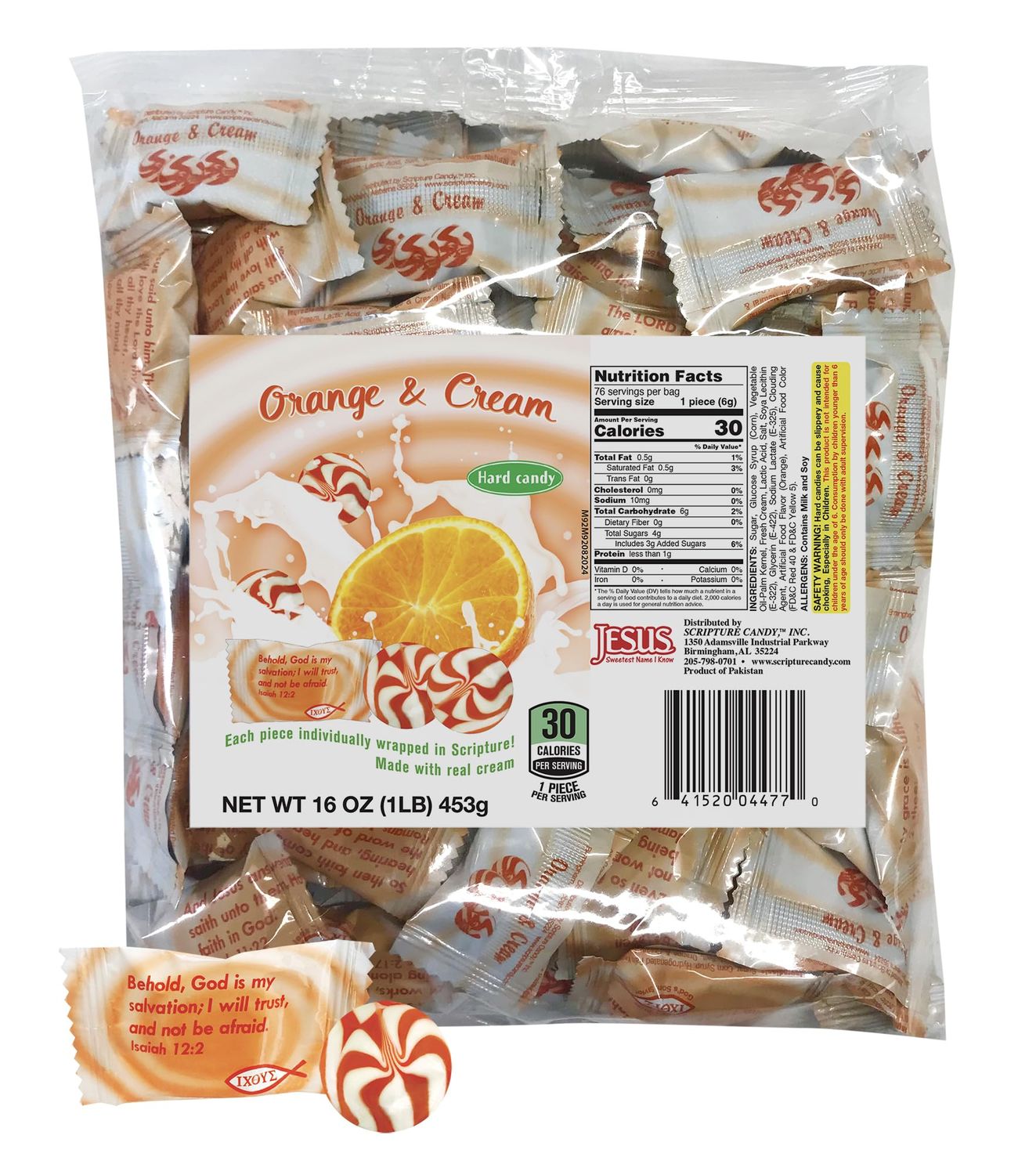 Scripture Candy, Orange Cream Hard Candy 1 Pound Bag, 75 Pieces