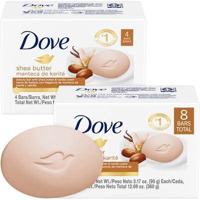 Dove Soap, Shea Butter Vanilla Beauty Bar 2-Pack (8 Soap Bars) - 3-in-1 Moisturizing Face, Body Hand Soap, 3.17 Oz Ea