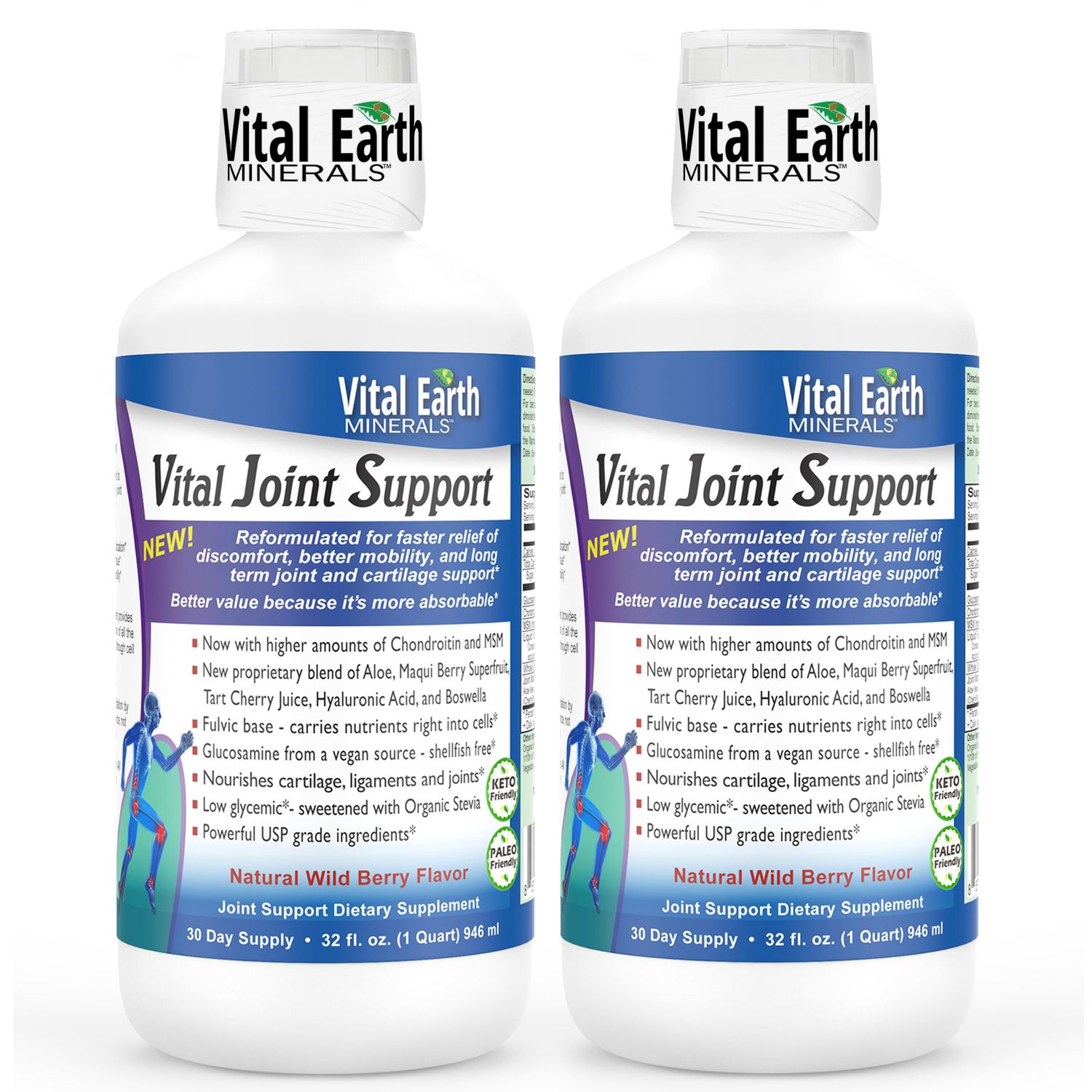 Vital Earth Liquid Joint Support Supplement 2-Pack - Glucosamine, Chondroitin, MSM Plus Hyaluronic Acid, Boswellia Fulvic Acid (70 Trace Minerals), 32 Oz Ea