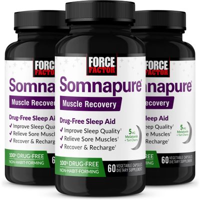 FORCE FACTOR Somnapure Muscle Recovery Sleep Aid for Adults with Melatonin 5mg, Holy Basil, and L-Theanine, Supplement for Sleep Support, Muscle Soreness Relief, Muscle Recovery, 180 Caps, 3-Pack