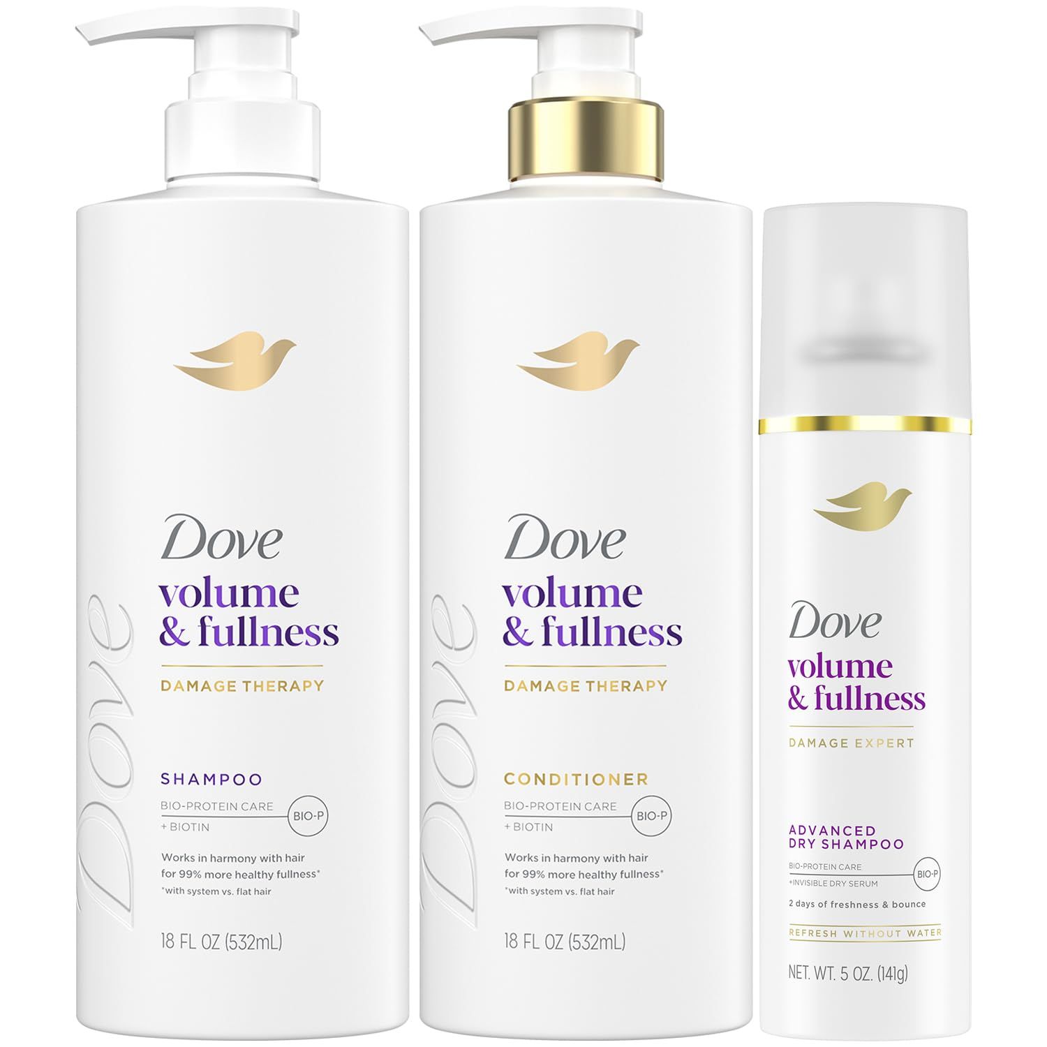 Dove Shampoo and Conditioner Set, Volume Fullness Advanced Dry Shampoo - Refresh Revive Thin, Flat and Dry, Damaged Hair (3 Piece Set)