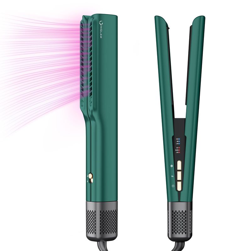 IG INGLAM Air Straight, Style from Wet Hair, 200M Ionic Dryer Straightener for Medium Long Hair (14'-30'), 2 in 1 Fast Drying and Straightening, Dark Green