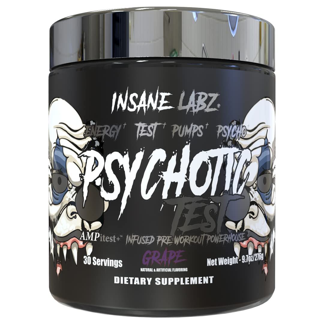 Insane Labz Psychotic Test, High Stim Testosterone Energy and Pump Boosting Pre-Workout Powder with DMAE Bitartrate, D Aspartic Acid, Creatine HCL and Glycerol Monostearate, 30 Servings, Grape