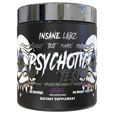 Insane Labz Psychotic Test, High Stim Testosterone Energy and Pump Boosting Pre-Workout Powder with DMAE Bitartrate, D Aspartic Acid, Creatine HCL and Glycerol Monostearate, 30 Servings, Grape