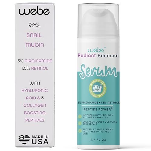 WEBE Naturals Snail Mucin 92 Radiant Renewal Serum Retinol 1.5, Niacinamide 5, 3 Peptides, Vitamin C, Hyaluronic Acid Zinc PCA Anti-Aging Plumping Intense Moisture Lock, Glowing Smooth Skin