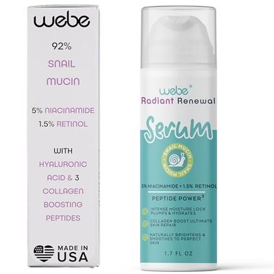WEBE Naturals Snail Mucin 92 Radiant Renewal Serum Retinol 1.5, Niacinamide 5, 3 Peptides, Vitamin C, Hyaluronic Acid Zinc PCA Anti-Aging Plumping Intense Moisture Lock, Glowing Smooth Skin