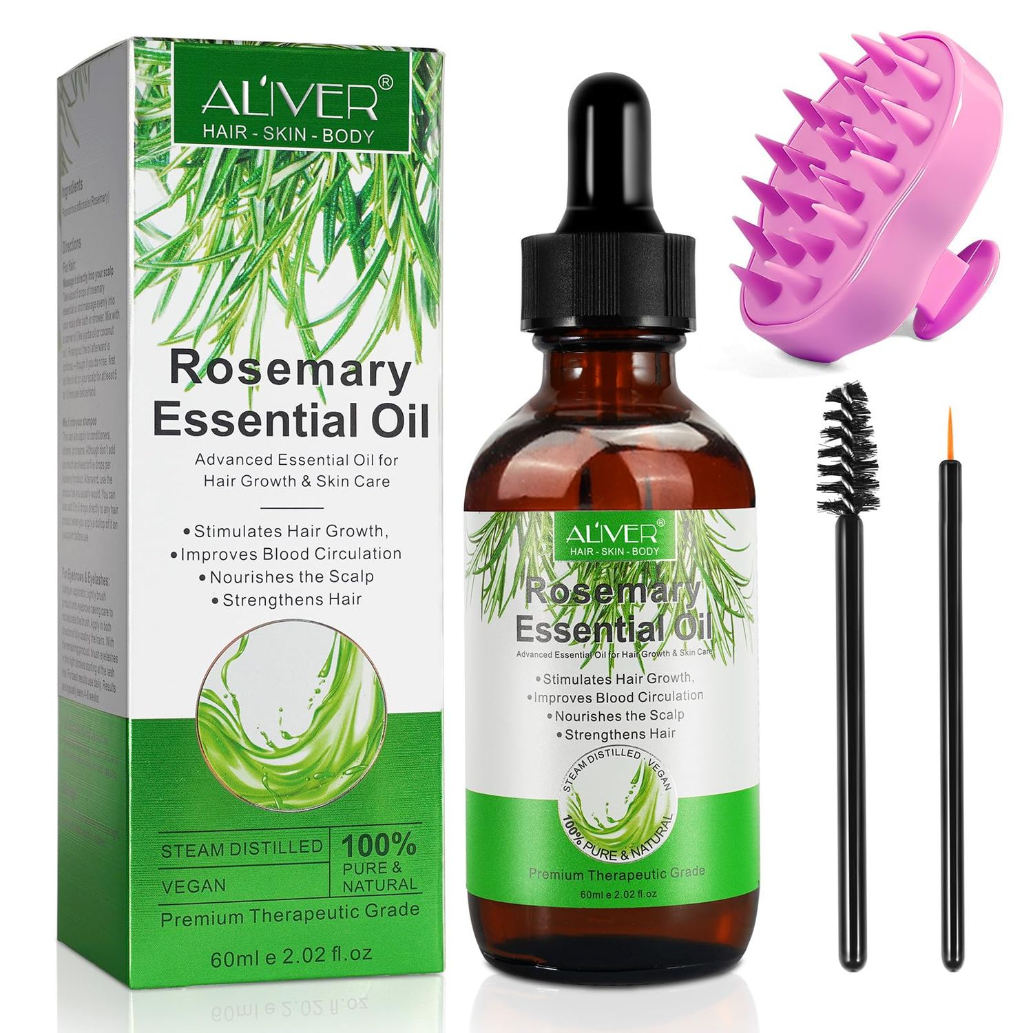Organic Rosemary Oil (60ml) with Scalp Massager - Hair Growth, Eyelash, Eyebrow Body Oil for Nourishing and Improved Circulation