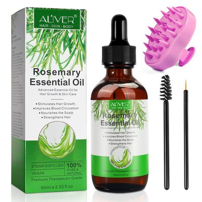Organic Rosemary Oil (60ml) with Scalp Massager - Hair Growth, Eyelash, Eyebrow Body Oil for Nourishing and Improved Circulation