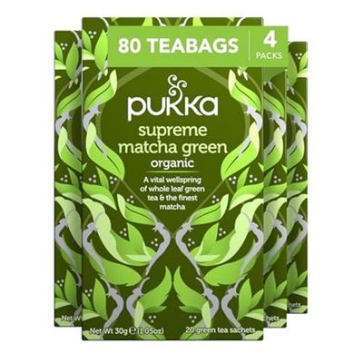 Pukka Supreme Matcha Green Organic Herbal Tea, Energizing Infusion Organic Tea Selection, With Matcha Powder, Ideal For Daily Vitality, Caffeine Free, 80 Total Bags (20ct - Pack of 4)