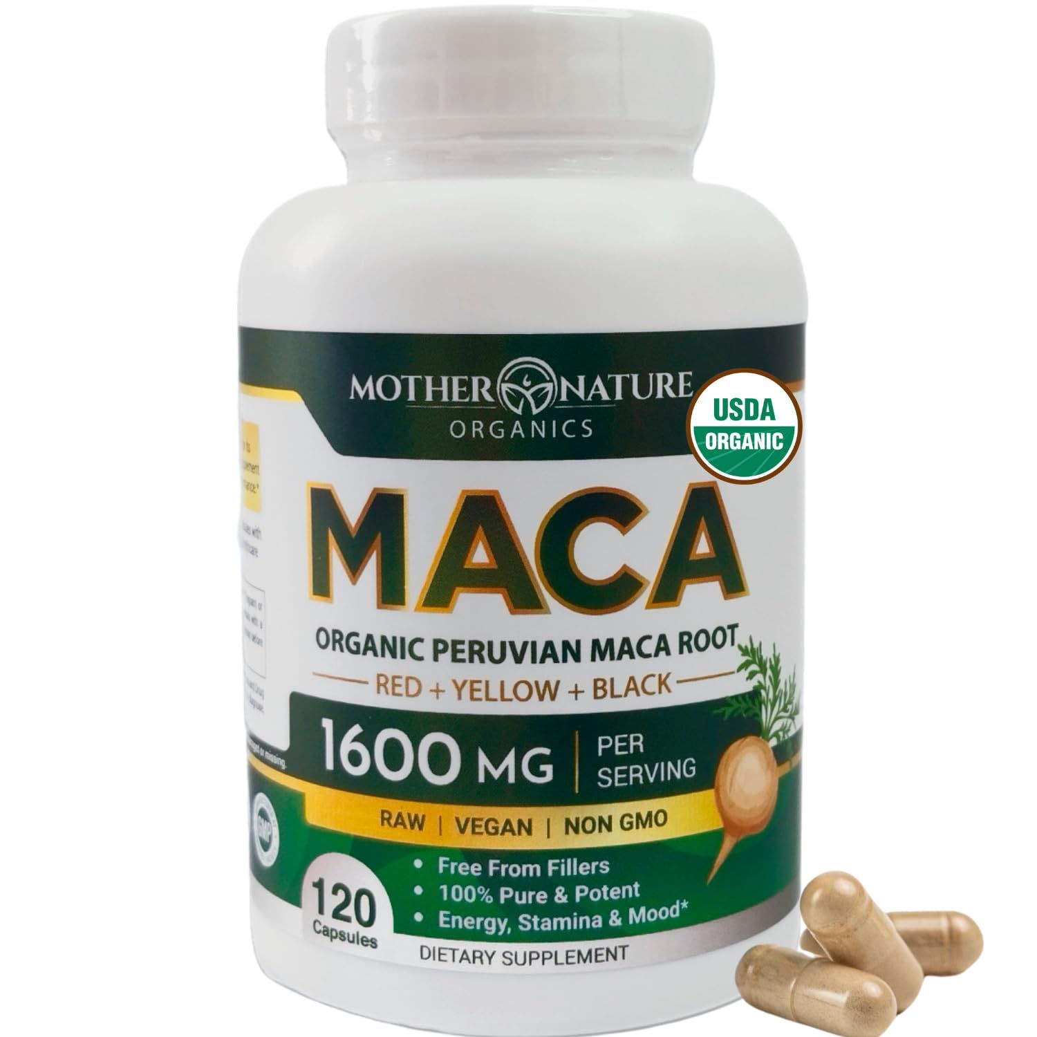 Mother Nature USDA Organic Maca Root Capsules, Black Red Yellow Peruvian Maca for Women Men 1600mg - Supports Mood, Hormonal Balance Reproduction Energy - Vegan Pills (120ct)