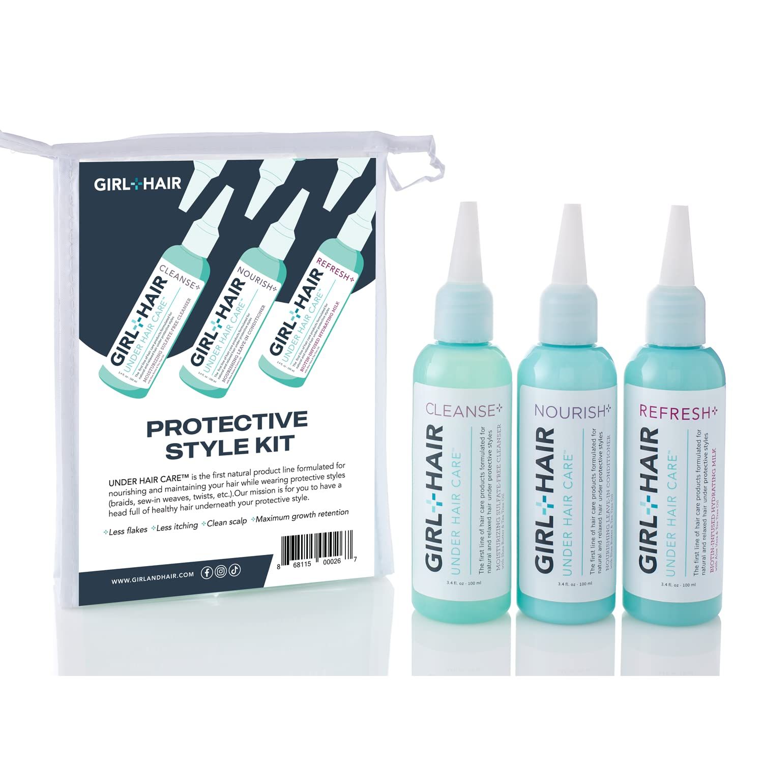 GIRLHAIR Ultimate Travel Hair Care Set (3 x 3.4 fl.oz) Encourage Hair Strength Growth with Cleanse Shampoo, Nourish Leave-In Conditioner, Refresh Hydrating Hair Milk TSA-Compliant Kit