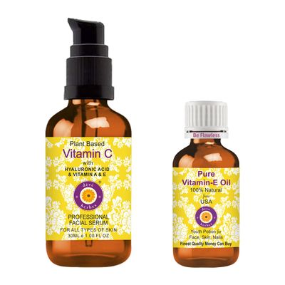 Deve Herbes Plant Based Vitamin C Face Serum with Hyaluronic Acid Vitamin A E for Personal Care 30ml (1 oz) with Free Pure Vitamin E Oil 10ml (0.33 oz)
