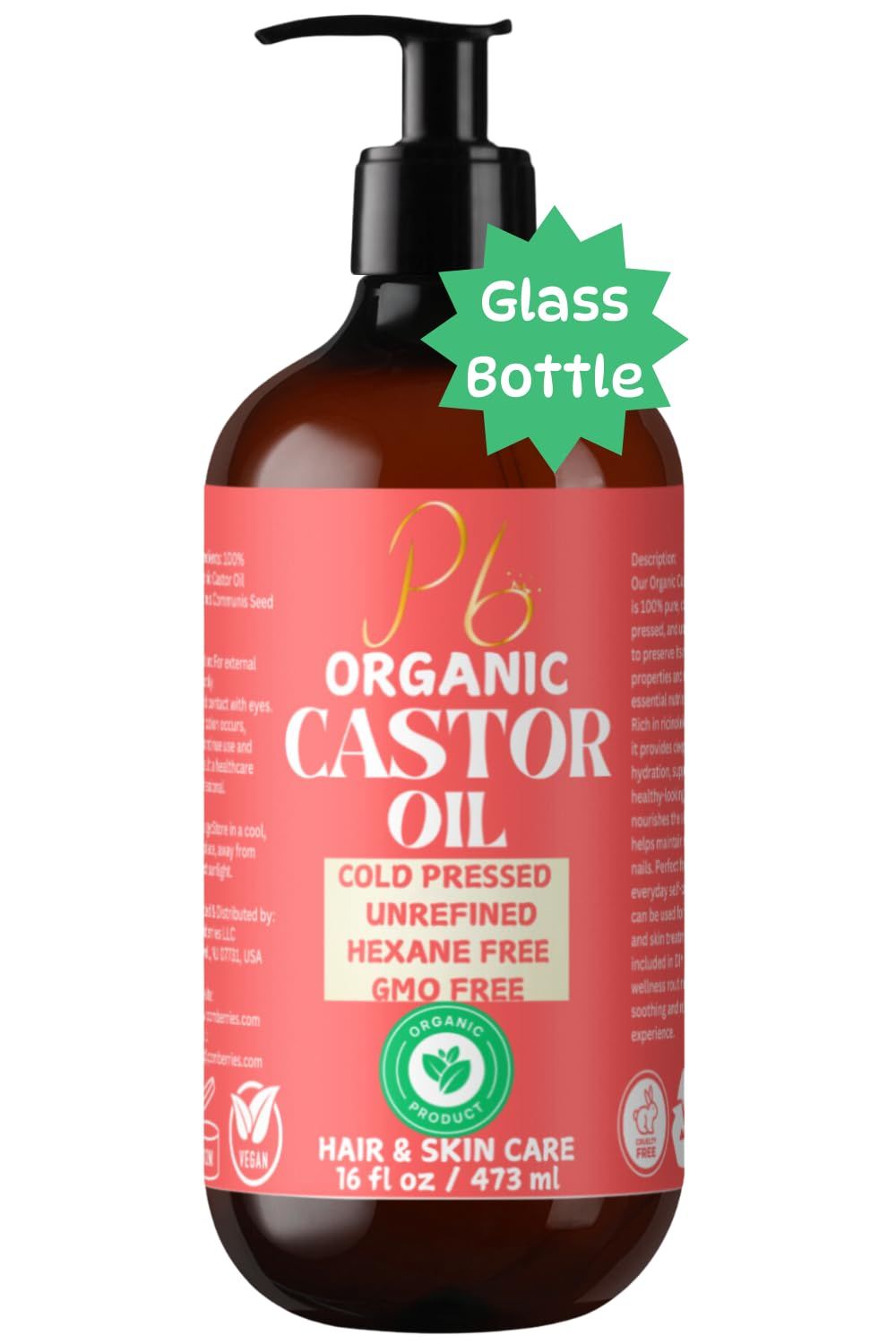 Organic Castor Oil 16 fl oz - 100 Pure, Cold-Pressed, Unrefined Hexane-Free - Bulk Size in Glass Bottle with Pump - Moisturizes Skin Hair - Supports Hair Growth Youthful-Looking Skin