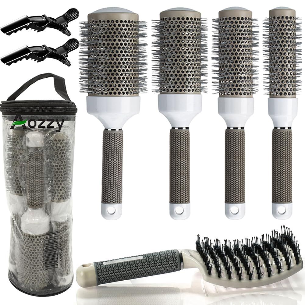 Round Brush Set for Blow Drying, with Boar Bristle Vented Curved Detangling Hair Brush, Thermal Ceramic Ionic Tech Reduce Frizz Hair, Makes Hair More Smooth and Shiny for Curling Straightening