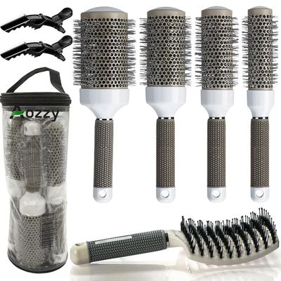 Round Brush Set for Blow Drying, with Boar Bristle Vented Curved Detangling Hair Brush, Thermal Ceramic Ionic Tech Reduce Frizz Hair, Makes Hair More Smooth and Shiny for Curling Straightening