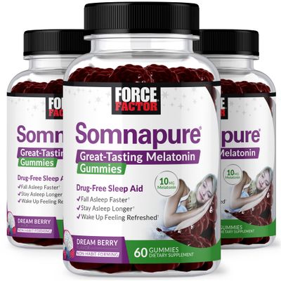 FORCE FACTOR Somnapure Gummies 3-Pack with Melatonin 10mg, Melatonin Gummies, Dream Berry Flavor, 180 Gummies, Purple
