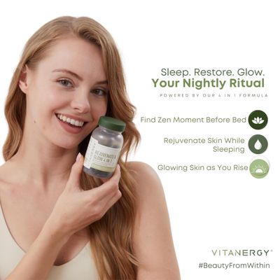 Vitanergy Beauty Sleep Skin Glow Supplement - 4-in-1 Nighttime Support with L-Glutathione, Hyaluronic Acid, L-Theanine Chamomile - Vegan, Made in USA, 56 Capsules