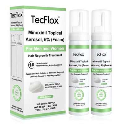 Tecflox Minoxidil Foam - 5 Minoxidil for Men Women, Hair Beard Growth with Biotin, Thicker Hair, Unscented, 2 x 2.11 Oz, 2-Month Supply, Hair Loss Treatment (Grey)
