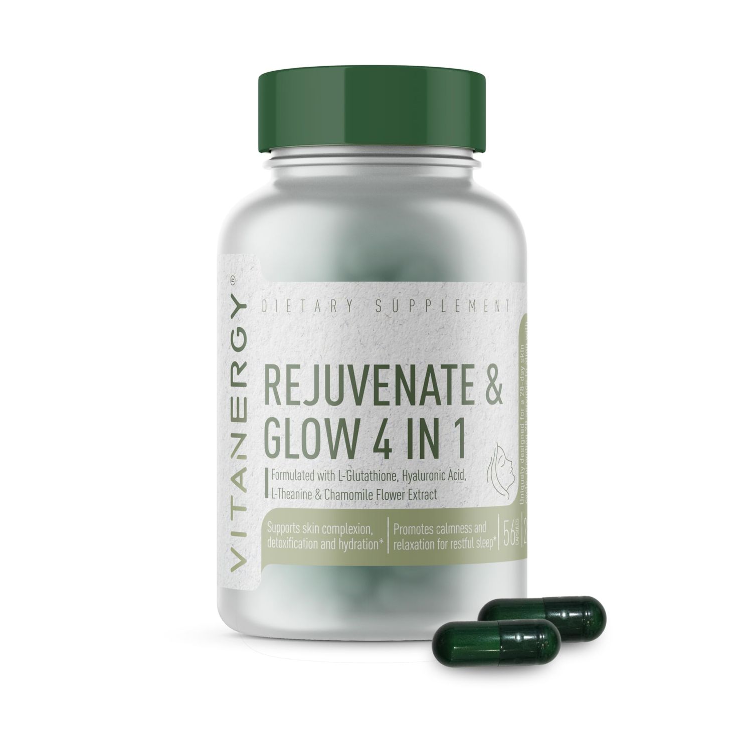 Vitanergy Beauty Sleep Skin Glow Supplement - 4-in-1 Nighttime Support with L-Glutathione, Hyaluronic Acid, L-Theanine Chamomile - Vegan, Made in USA, 56 Capsules