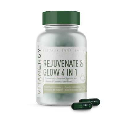 Vitanergy Beauty Sleep Skin Glow Supplement - 4-in-1 Nighttime Support with L-Glutathione, Hyaluronic Acid, L-Theanine Chamomile - Vegan, Made in USA, 56 Capsules